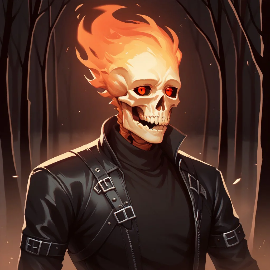 (((detailed, beautiful, high quality))), upper Body, score_9, score_8_up, score_7_up,
skeleton, glowing eyes, black sclera, FireHuman, orange fire,
red eyes, male skeleton, white skull, fiery skull, black leather jacket, black T-shirt, dark background,
looking at the viewer, posing, snowy forest, blurred background, blurred fantasy background,