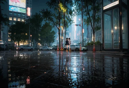 ,ruanyi0954,cityscape,crosswalk,night,reflective water,ground vehicle,<lora:0954 Lost in Translation_v1_pony:0.8>, score_9, score_8_up, score_7_up, score_6_up, score_9, score_8_up, score_7_up, score_6_up source_anime, blush, 1girl, seduce smile, perfect body , natural huge breasts