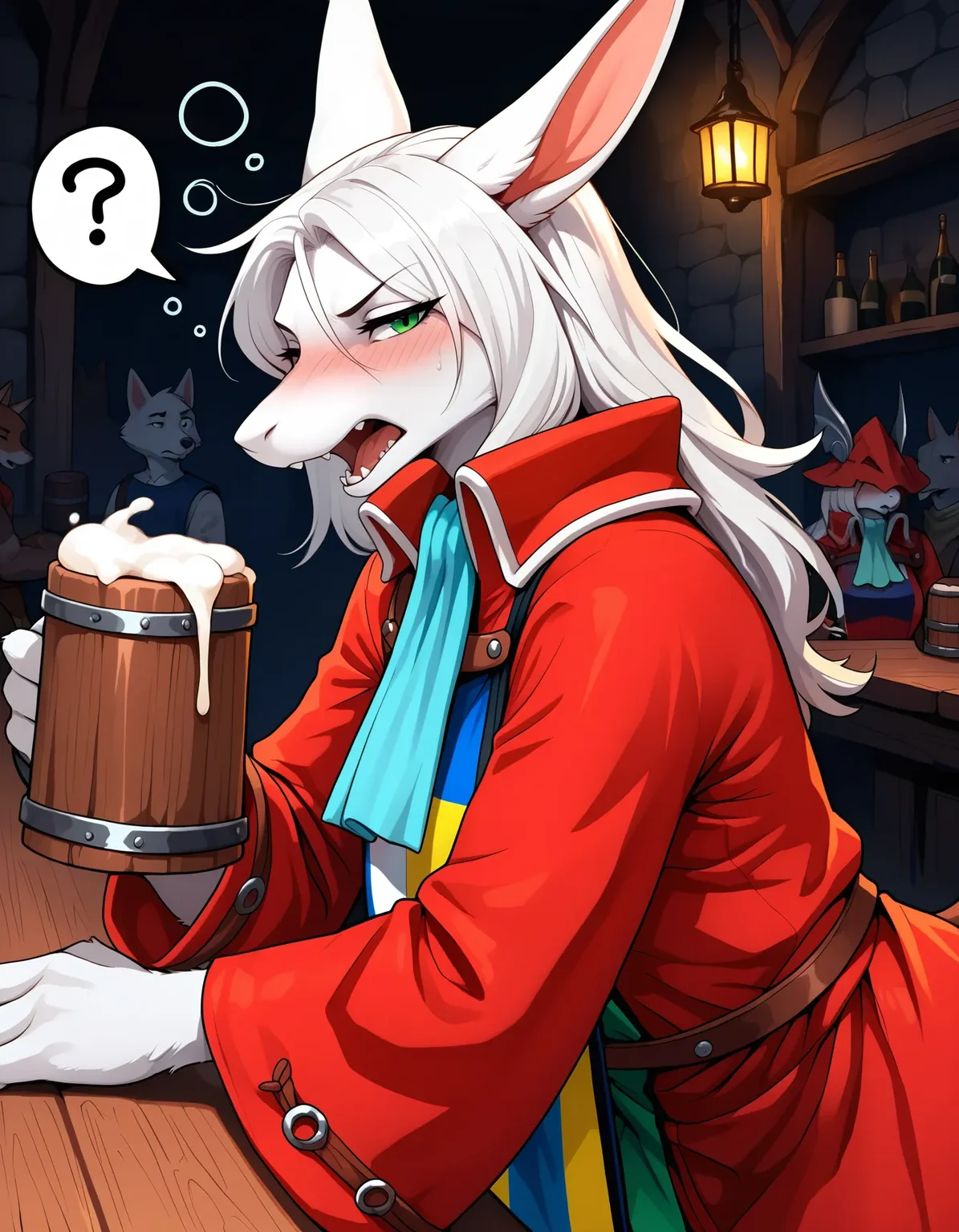 newest, masterpiece, best quality, beautiful lighting, very aesthetic, mixed media, detailed background, very awa, perfect composition, anthro, furry, BREAK,
freyac, white fur, white hair, green eyes, brown tail, ascot, holding tankard, red dragoon coat, dragoon tabard, tabard, mouth open, bored, looking at viewer, speech bubble, facing side, flat color, solo, 1girl, ?, drunk, drunk_bubble, from side, annoyed, hesitant, eyes half closed, ears back, hunched forward, leaning forward, upper body focus, BREAK, tavern background, tavern, bar, pub, leaning on table, detailed background, dark background, crowd,
<lora:Freya v11bNoob9s96:0.8> <lora:noobai_ep11_stabilizer_v0.138_fp16:0.8>