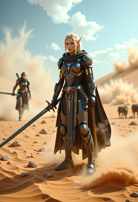 A cinematic scene unfolds in a desert landscape, where a Valenar Elf warrior, a fusion of ancient traditions and high-tech innovations, stands ready for battle. Her clothing, a blend of traditional elven attire and futuristic technology, includes a high-tech cloak and armor, enhancing her agility and protection. The warrior, with her sword drawn, faces the sandstorm, her determined expression capturing the essence of resilience and strength. This high-resolution photograph, with its dynamic composition, energetic pose, and hyper-realistic details, utilizes dramatic lighting and shallow depth of field to create a captivating image, leaving viewers enthralled by the warrior's beauty, power, and the mysteries of the desert's harsh environment. <lora:flux/Sinfully_Stylish_.02_for_FLUX-000002.safetensors:1.0>, <lora:flux/perfection style v2d.safetensors:1.0>, perfection style, <lora:flux/ARTifacts>,