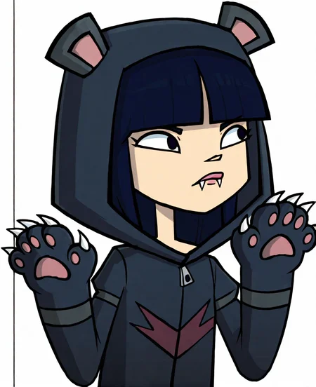 masterpiece, absurd res, highest quality, 4k, <lora:Debbiekangillustrious:1>, debbie kang, 1girl, solo, simple background, animal hood, black hair, white background, animal ears, hood, fangs, claws, hood up, animal hands, dark blue hair, bangs, blunt bangs, lips