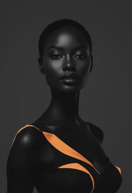 Portrait of high-end models, editorial photo from a magazine by Anne Geddes featuring smooth dark skin, sleek streamlined design, 3D style, model photography, high-resolution print in black and orange, minimalist.