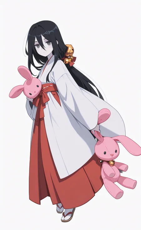 masterpiece, best quality, good quality, newest, highres, absurdres,1girl, solo, long hair, looking at viewer, simple background, skirt, black hair, long sleeves, hair ornament, white background, holding, hair between eyes, very long hair, full body, japanese clothes, kimono, black eyes, grey eyes, bell, expressionless, sandals, stuffed toy, stuffed animal, pale skin, hakama, jingle bell, hakama skirt, empty eyes, white kimono, hair bell, miko, tabi, stuffed rabbit, red hakama, holding stuffed toy, zouri, Flatline, Flat vector illustration,
klaus_style <lora:illustriousXL_stabilizer_v1.23:0.3> <lora:NOOB_vp1_detailer_by_volnovik_v1:0.3> <lora:ponyv6_noobE11_2_adamW-000017:0.3> <lora:checkpoint-e18_s306:1.3> <lora:klaus:0.8>