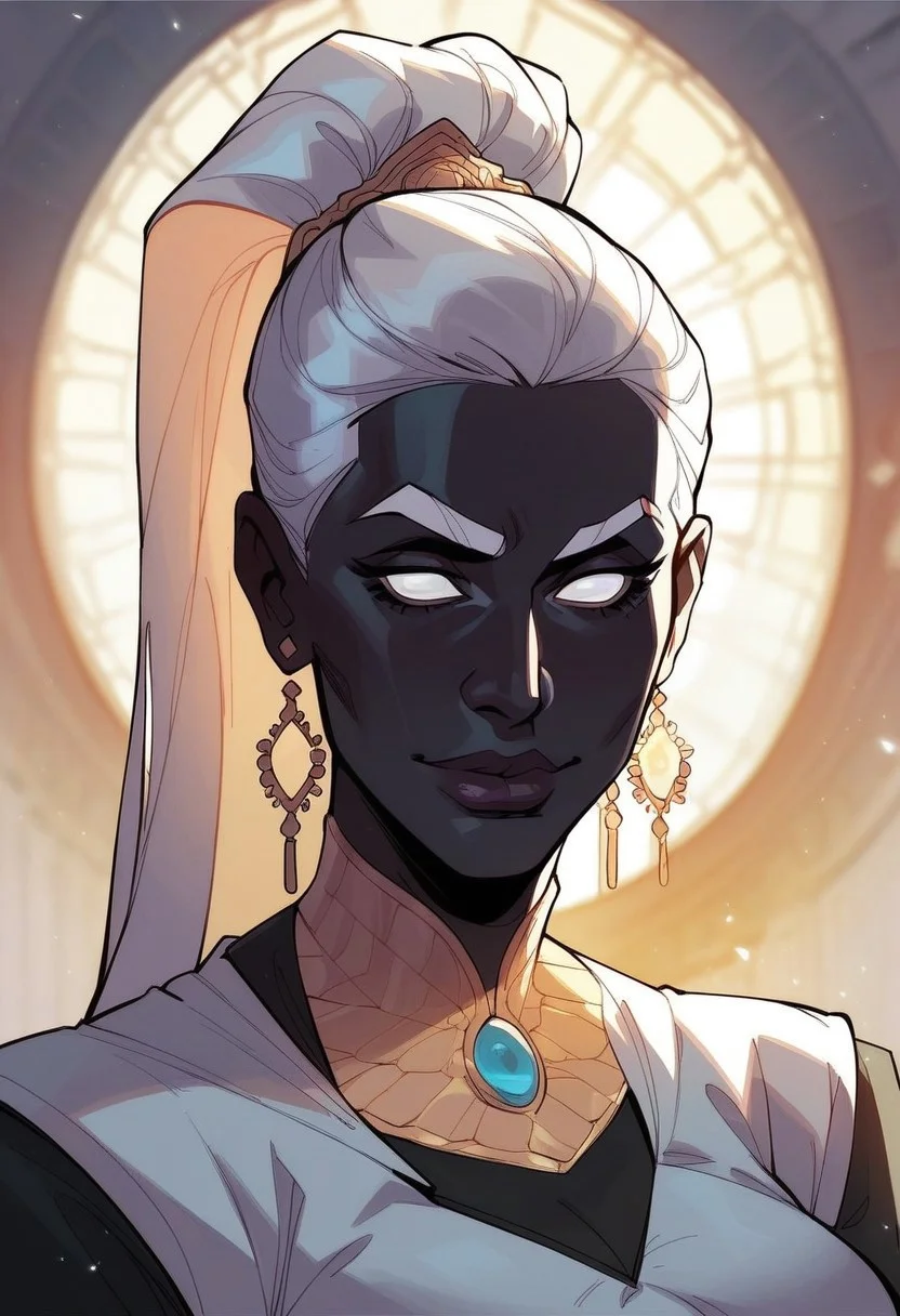 score_9, score_8_up, score_8, score_7_up, score_7, score_6_up, score_6, score_5_up, Score_5,human female, obsidian black skin, onyx black skin, round eyes, white eyes, small eyes, beautiful face, aesthetic face, narrow face, narrow nose, long nose, round ears, white eyebrows, long white hair, high ponytail, very tall, curvy, elegant, royal, aristocratic, majestic, chin up, seductive smile, slender. Silver jewelries. White jewelries. Blue jewelries. Lots of jewelries. White bracers, tight white dress,, vox machine style, 1girl, female focus, solo, portrait, background of snow-covered landscape, fantasy, (dynamic lighting:1.1)
((masterpiece))