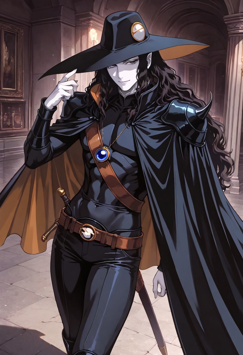 masterpiece,best quality,good quality,newest,
detailed background,glitter,
smile,
looking at viewer,
solo,
d\(vampire_hunter_d\),1boy,half-vampire,black hair,long hair,wavy hair,pointy_ears,black eyes,pale skin,
black hat,hat decoration, black cloak,black shoulder armor,black body suit,blue pendant,sword belt, brown belt,black pants, black boots,
standing,