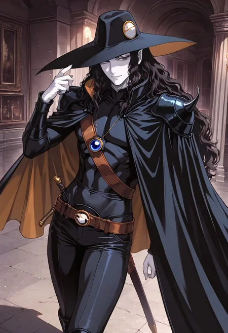 masterpiece,best quality,good quality,newest,
detailed background,glitter,
smile,
looking at viewer,
solo,
d\(vampire_hunter_d\),1boy,half-vampire,black hair,long hair,wavy hair,pointy_ears,black eyes,pale skin,
black hat,hat decoration, black cloak,black shoulder armor,black body suit,blue pendant,sword belt, brown belt,black pants, black boots,
standing,