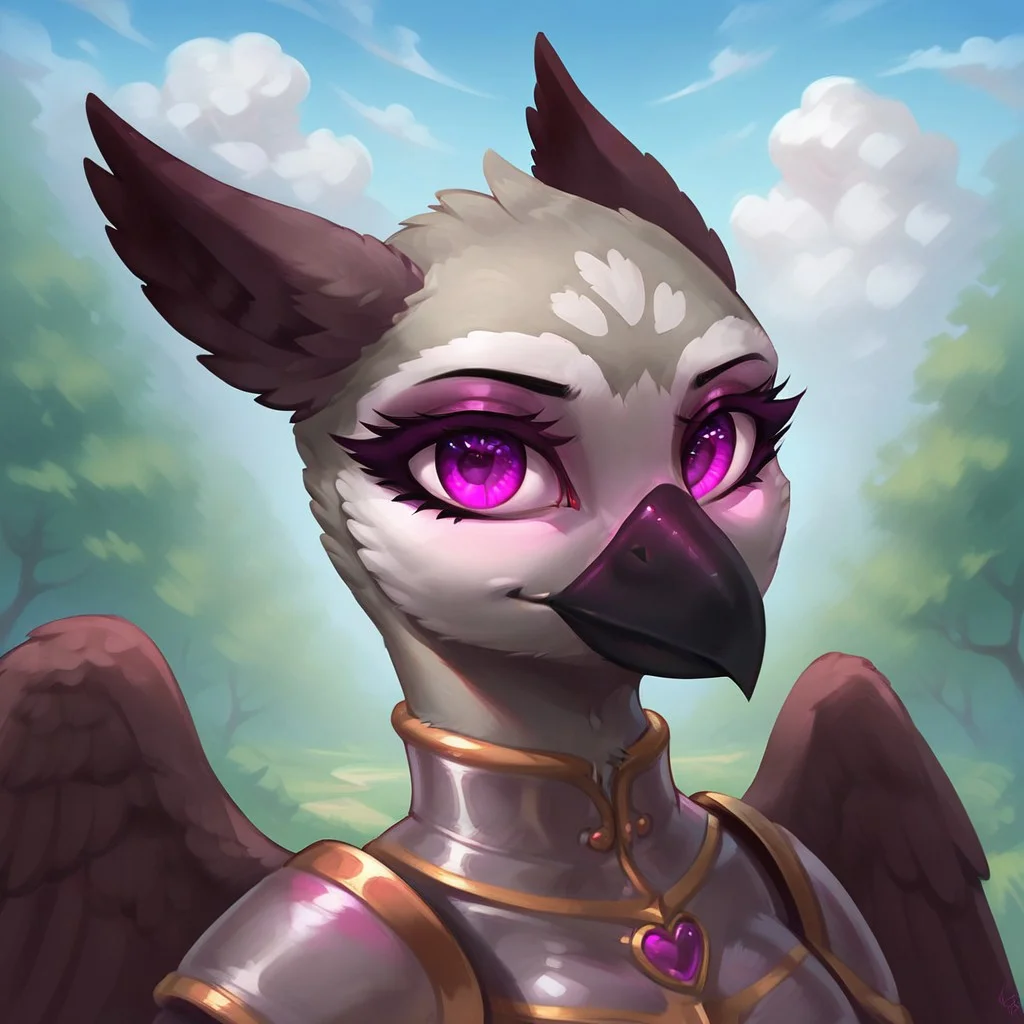 masterpiece, score_9, score_8_up, score_7_up, (best quality:1.1), ultra-detailed, high resolution, 1character, beak, wings, female, princess sköldsvärd, corrupted, jewelry, evil, (((beautiful detailed purple eyes))), Long eyelashes, Looking At Viewer, Highly Visible, (((8k))), from Equestria at War glowing eyes, armor, griffon, solo, looking at viewer, feathery ears, day, sunny, perfect lighting, outdoors, detailed background, zPDXL2