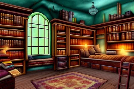 a fantasy bedroom that is also the owner's personal library with books everywhere
FanStu