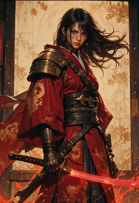 samurai girl wearing a kimono with shoulder armor, she's holding a katana glowing with red energy, her long hair is flowing in the wind, she stands in a dojo training for her next battle. (maximum ultra high definition image quality and rendering:3), maximum image detail, maximum realistic render, (((ultra realist style))), realist side lighting, , 8K high definition, realist soft lighting, <lora:FluxMythG0thicL1nes:0.6> <lora:FluxMythR3alisticF:0.5> <lora:RetroAnimeFluxV1:0.6> <lora:OB半写实肖像画V2.0:0.6>