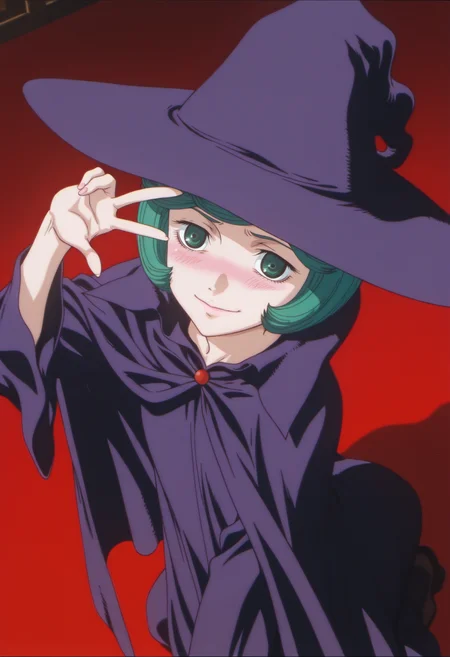 anime screencap, anime coloring, 1girl, solo, <lora:DX888SchierkeIL:1>schierke, bob cut, green hair, green eyes, witch, witch hat, cape, dress, BREAK red background, triangle background, BREAK dutch angle, from above, dynamic pose, posing, smile, v over eye, yokozuwari,