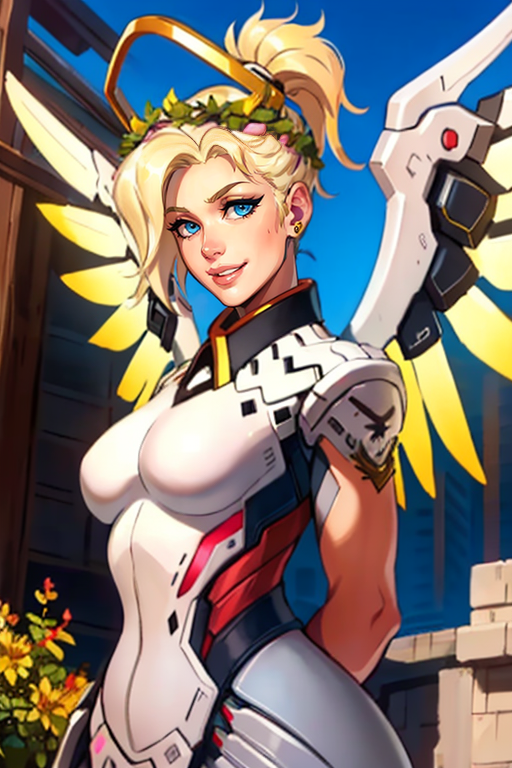 masterpiece,best quality,extreme detail,8k,image sharpness,<lora:mercy-10:0.8>, mercy2,1girl,solo,breasts,looking at viewer,smile,blue eyes,blonde hair,upper body,ponytail,outdoors,wings,blurry,official alternate costume,lips,halo,arms behind back,high ponytail,building,rope,feathered wings,pink lips,head wreath,mechanical halo,mechanical wings,laurel crown,yellow wings,