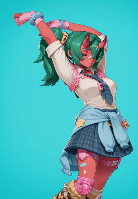 masterpiece, best quality, 1girl, solo, Kabrap, fortnite_nemia, 1girl, solo, green hair, twintails, ponytail, long hair, bangs, hair between eyes, hair over one eye, ears, horns, oni horns, single horn, red skin, pink skin, blue eyes, parted lips, bandaid, bandaid on nose, bandaid on thighs, breasts, shirt, school uniform, necktie, plaid skirt, thighhighs, socks, loose socks, boots, jewelry, earrings, bracelet, charm, belt, gloves, fingerless gloves, knee pads, leg warmers, collarbone, solo, colored skin, hair ornament, hairclip, scrunchie, holster, striped necktie, clothes around waist, oni, plaid, charm (object), blue necktie, sweater around waist, animal print, heart, shoes, star (symbol), thigh holster, abstract background, arms up, stretching, leaning back, closed eyes,