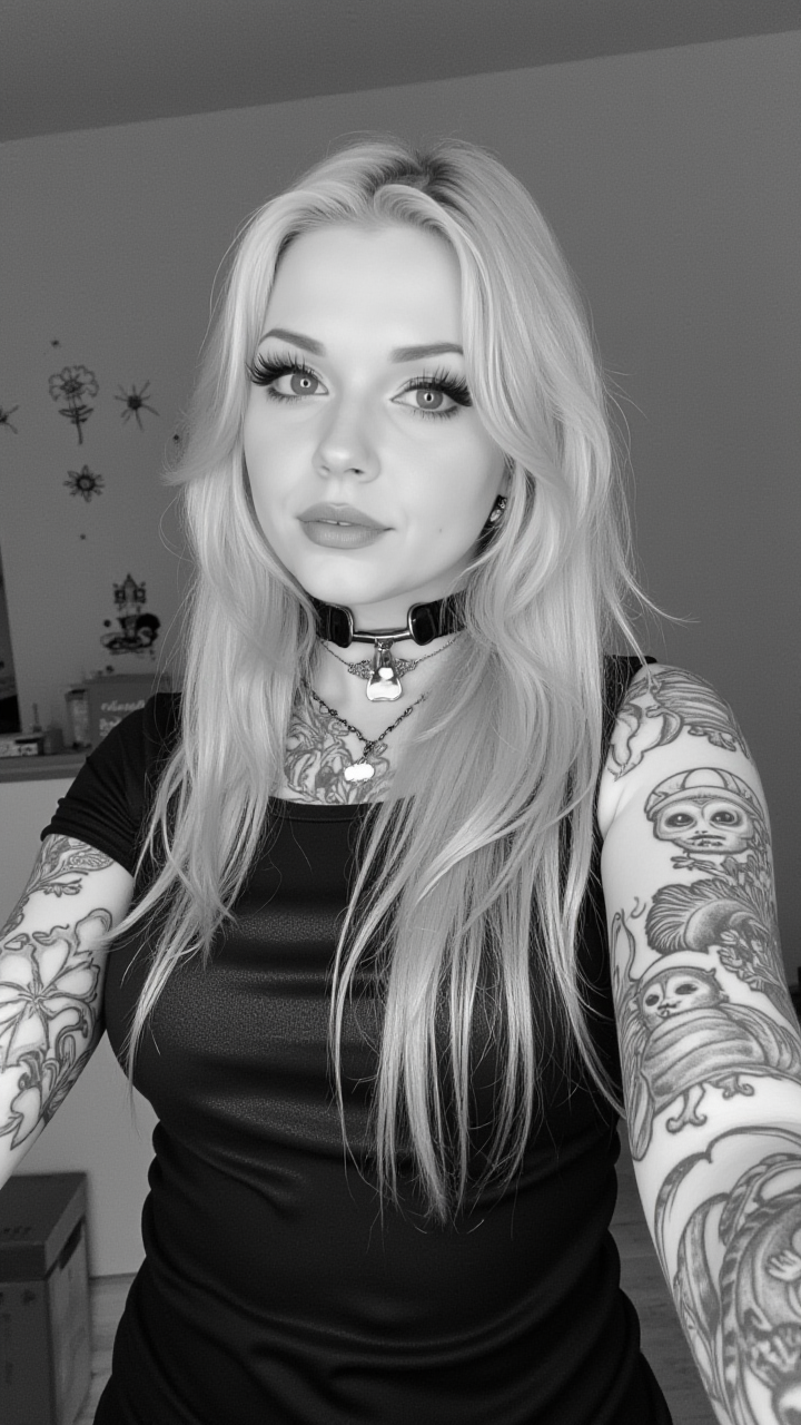 goth girl, long Silver hair, tattoo, selfie, monochromatic, woman, Goth Girl