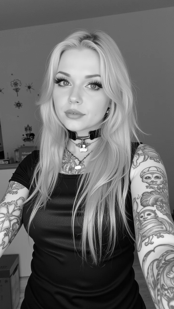 goth girl, long Silver hair, tattoo, selfie, monochromatic, woman, Goth Girl