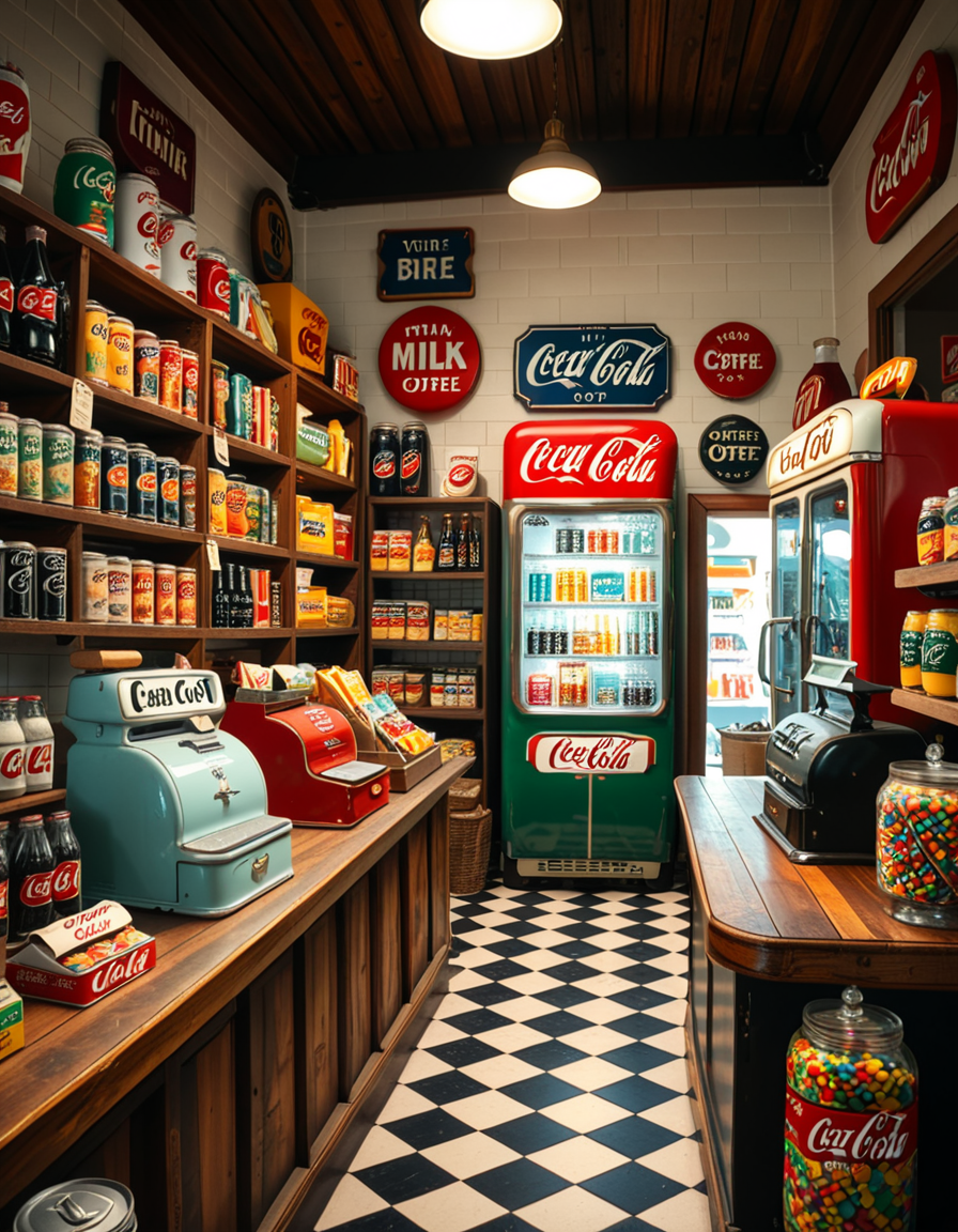 A vintage 1950s grocery store filled with nostalgic details. Wooden shelves neatly stocked with classic canned goods, glass soda bottles, and colorful retro packaging. An old-fashioned cash register sits on the wooden counter, next to a small scale for weighing produce. The checkered black-and-white tile floor adds to the mid-century charm, while hand-painted signs on the walls advertise milk, bread, and coffee in bold, retro fonts. A display of penny candy in glass jars sits near the entrance, and a vintage Coca-Cola refrigerator hums in the background. Soft, warm lighting casts a nostalgic glow over the scene, enhancing the rich textures of wood, glass, and metal, capturing the essence of a bygone era.
<lora:SDXLFaeTastic2400:0.4> <lora:extremely_detailed:0.4> extremely detailed
 <lora:1950s_grocery_st0r3:1>,1950s grocery st0r3, Masterpiece,best quality,hi res,8k,hi res,8k,award winning,(sharp focus, intricate, highly detailed),