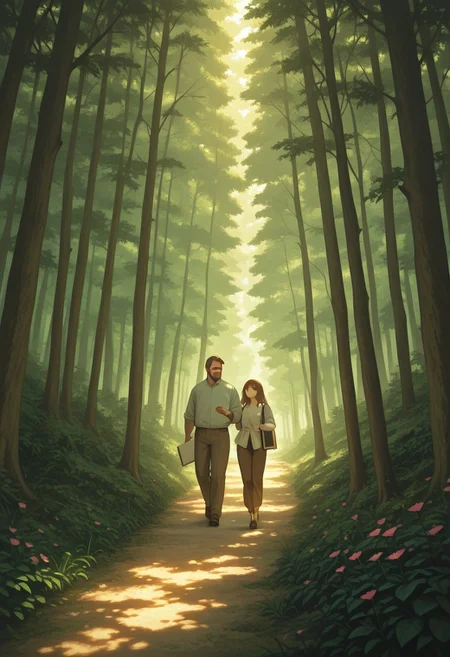 1boy, mbti_infp, mature man, long brown hair, green eyes, walking through forest, sunlight, dappled light, sketchbook, looking at flowers, serene, calm, aesthetic, nature, detailed background, highres, masterpiece, best quality