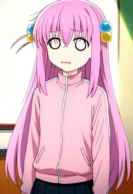 score_9, score_8_up, score_7_up, score_6_up,source_anime, masterpiece, ultra-detailed, highres, 4k, best quality, painterly, faux traditional media, Moe art style, Kyoani art style, outstanding, countershading, detailed soft lighting, backlighting, close up shot, dutch angle, BREAK, 1girl, hitorigotou, <lora:hitori-gotou-s1-ponyxl-lora-nochekaiser:1>, hitori gotou, cube hair ornament, hair between eyes, hair ornament, pink hair, one side up, long hair, black skirt, jacket, long sleeves, pants, pants under skirt, pink jacket, pink pants, pleated skirt, skirt, track jacket, track pants, track suit, indoors, classroom, o_o, wavy mouth, mouth open, panicked