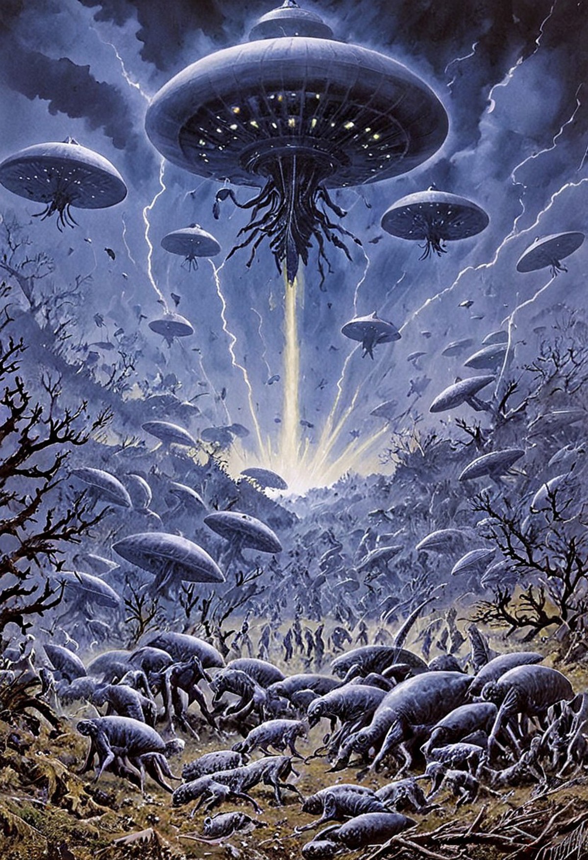 alien invasion, epic, dramatic, battle, horror, by charles tunicliffe, painting, nature