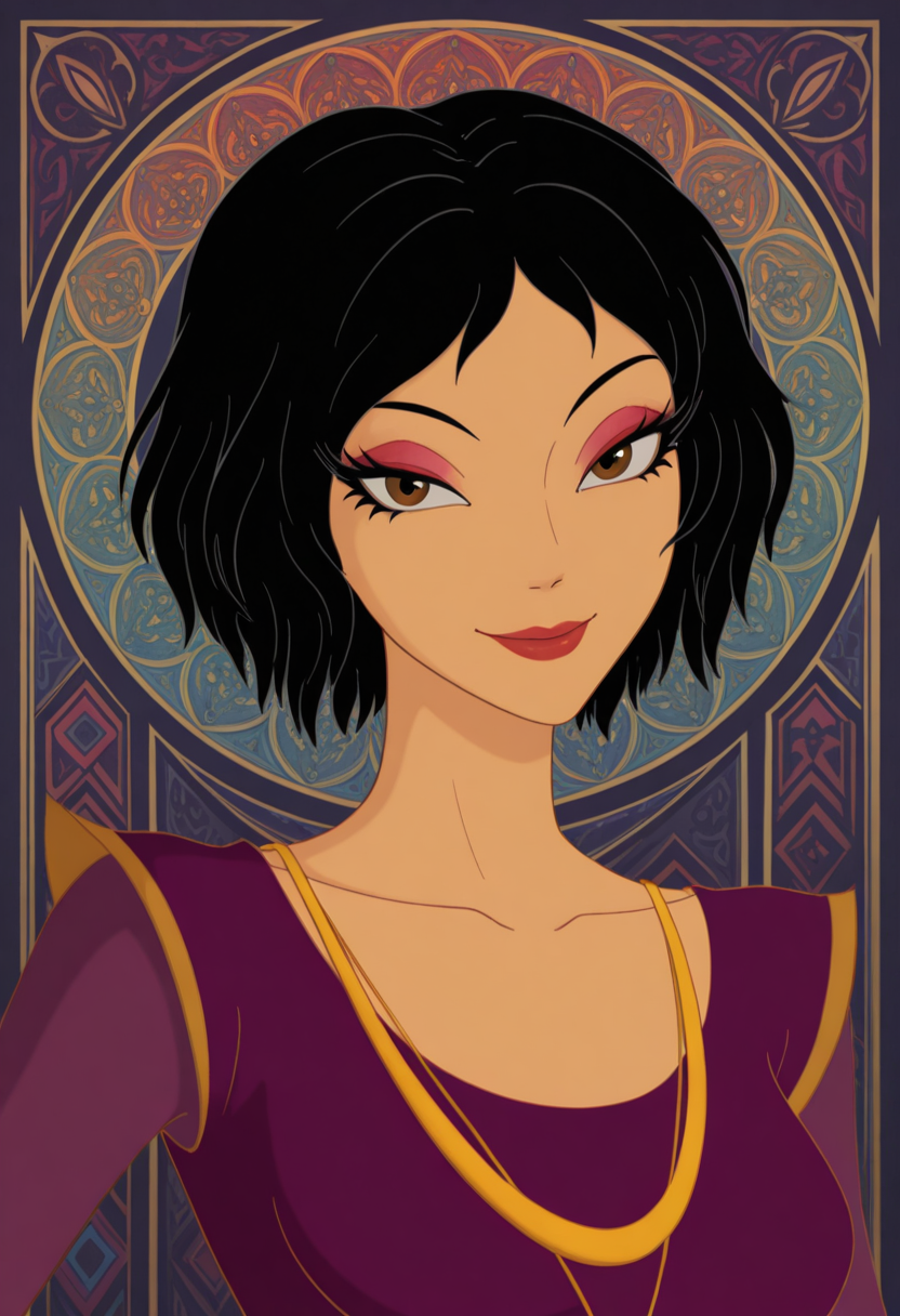 Graphic Design, color art, vibrant colors, colorful, intricate details, high contrast, detailed background, beautiful detailed, beautiful face, detailed eyes, detailed face, new, 1girl, solo, sh4mts4r, black hair, short hair, brown eyes, makeup, jewelry, purple dress, bedroom eyes, seductive smile, upper body, looking at viewer, perspective, dynamic pose, (masterpiece, best quality, newest, recent, absurdres),