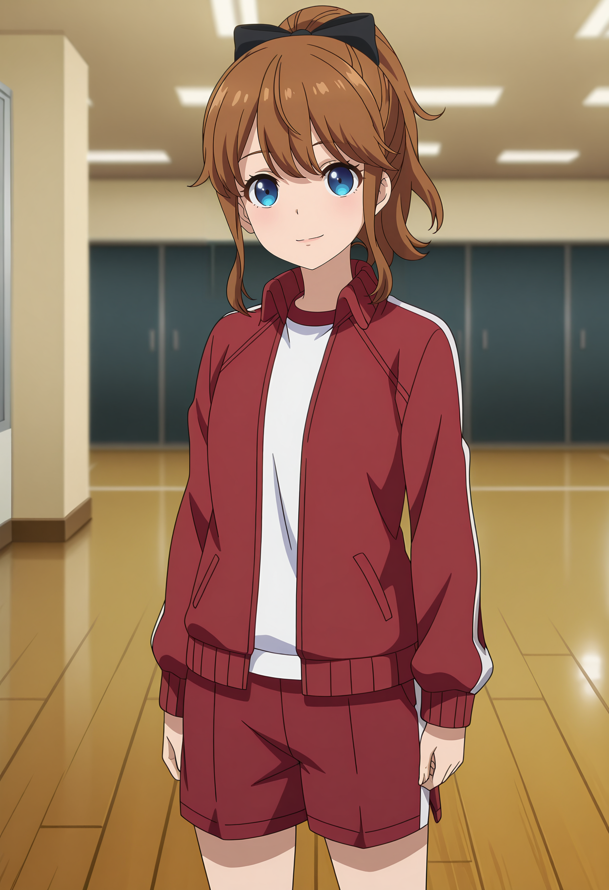 anime screencap, masterpiece, best quality,
<lora:Mamahaha_AkatsukiMinami_IlluXL:0.9>,
1girl, solo, closed mouth, light smile,
high ponytail, brown hair, blue eyes, hair bow, black bow,
track jacket, red jacket, white shirt, track shorts, red shorts,
streching, looking at viewer, cowboy shot,
indoors, gym, wooden floor, blurry background
