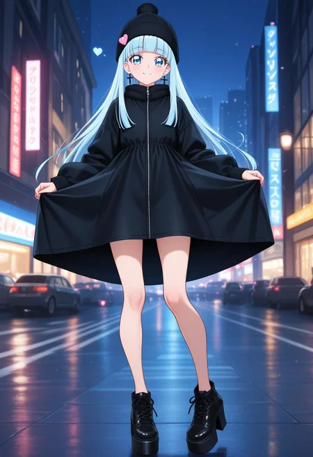 ,masterpiece,best quality,amazing quality,(precure),(ultra details),(anatomically correct),1girl,beautiful girl,full body front,slim body,very long legs,beautiful legs,slender legs,uncovered legs,beautiful skin,beautiful eyes,beautiful face,no socks,no stckings,light-blue hair,straight hair,blunt bangs,light-blue eyes,cross earrings,winter dress,winter hat,heart theme,(black footwear with thick soles,platform high heel leather sneakers,black laces),standing straight,looking at viewer,christmas city,night,happy
