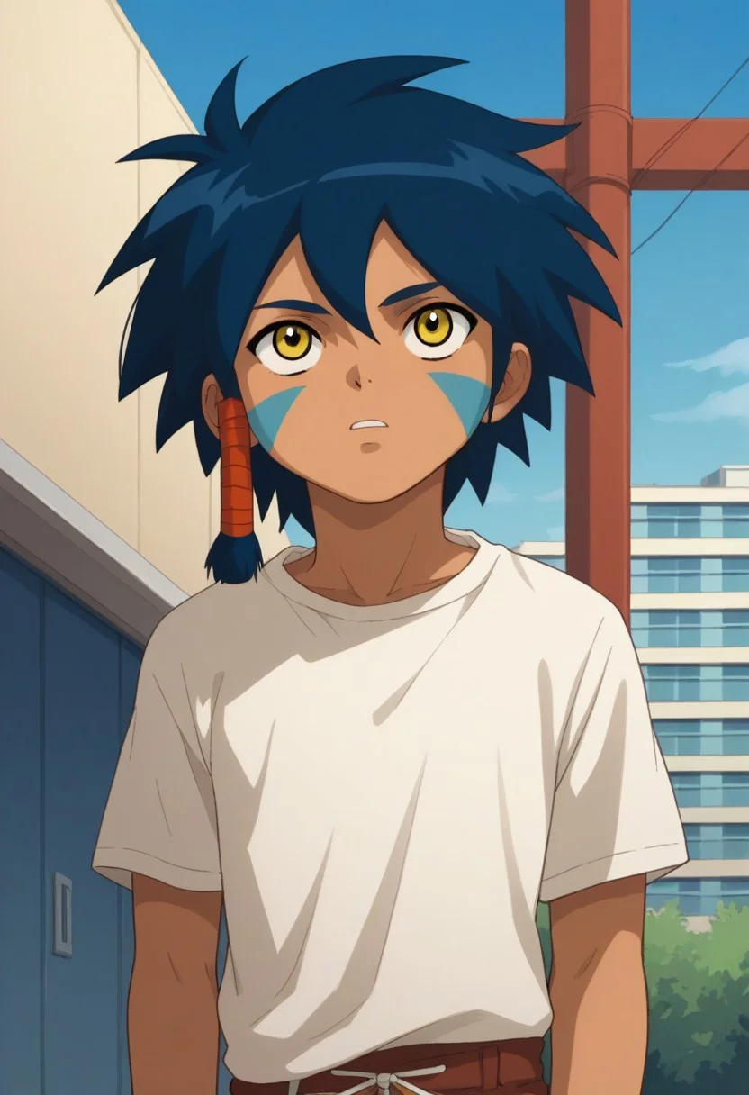 score_9, score_8_up, score_7_up, source_anime, highly detailed,
keenan, 1boy, solo, yellow eyes, blue hair, hair tube, facial mark, male focus, dark skin, facepaint, t-shirt, pants, looking up, curious
outdoor, modern, building, sky,