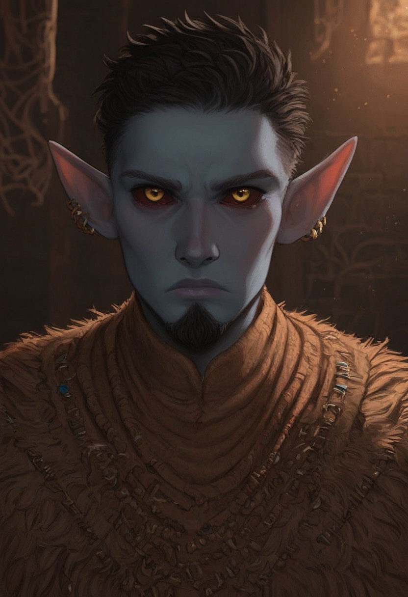 solo, short pointy ears, piercings, random elf face, aquiline features, male dark elf, masculine, long beard, weathered skin, large nose, athletic build,  animated realism, zoomed out, Syrian features, torso, brass pipes and gears, intricate architecture, dwarven masonry, dwemer fixtures, white-green light, gloomy lighting, ancient ruins, interior, stone tiled floor, grey-blue skin, mahogany and ivory clothes, medium armor, bone plate armor, ivory straps and fittings, alien bone ornaments, grey wood neckguard, dark red sclera, black pupils, distant mushroom forest, blue-green light, neon, highly detailed, defined features, looking at viewer, three quarters view, from front, dynamic lighting, 56 years old, light and shadows, patterned cloth, annoyed expression, expressive eyes, detailed medieval clothes, short hair, wavy hair, thick hair, beaded hair, braided hair, under cut hair, semirealistic, alien elf, spanish features, jewish features, black hair, dark red hair, umber skin, sharp features, pastel green berber print cloak, nighttime, high detail, absurdres, pretty eyes, detailed eyes, yellow eyes,