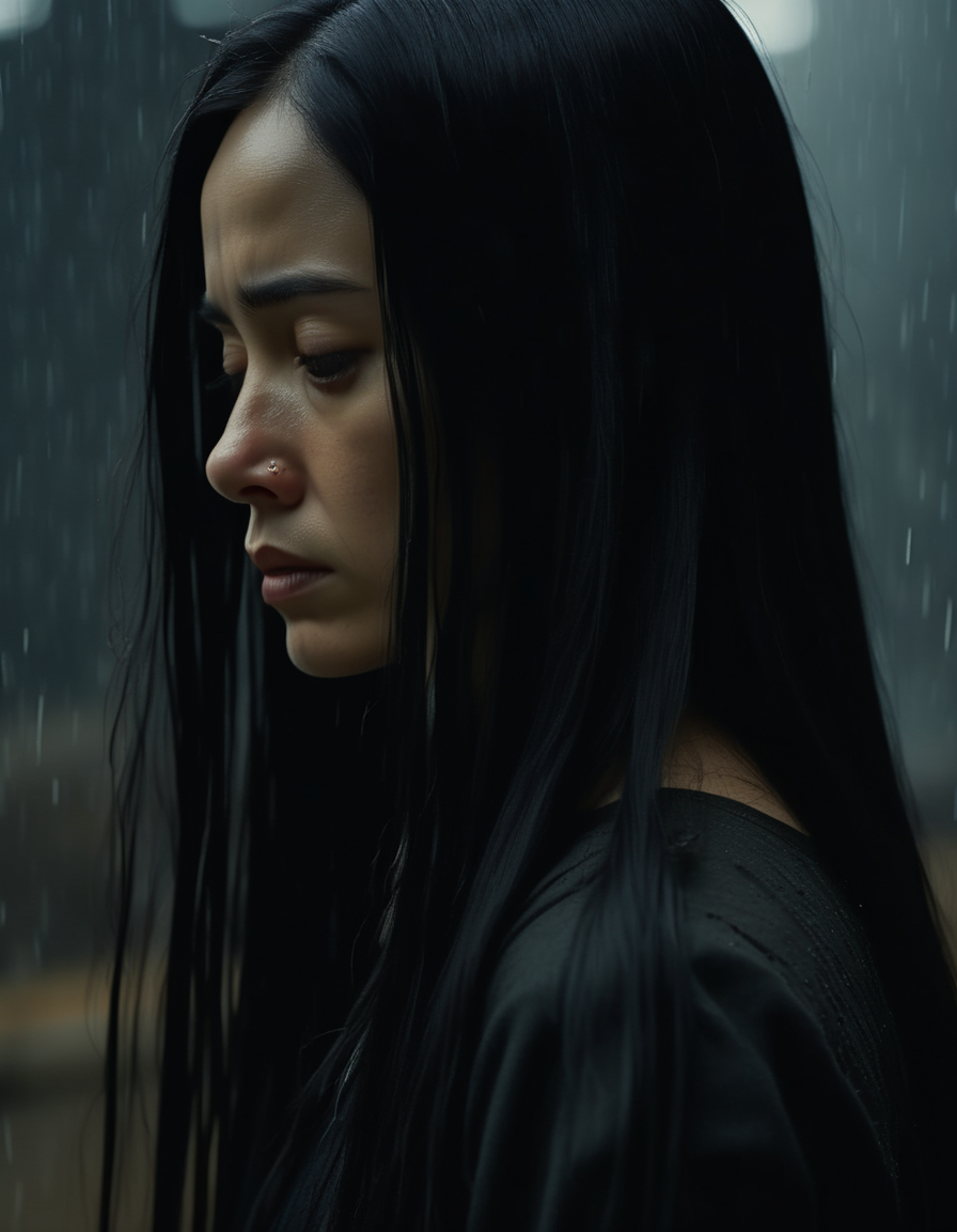 A sorrowful profile of a woman with long, straight black hair, her almond-shaped brown eyes brimming with tears, her delicate features softened by grief, her lips pressed together in a silent cry. <lora:usual-portrait-v2:1>