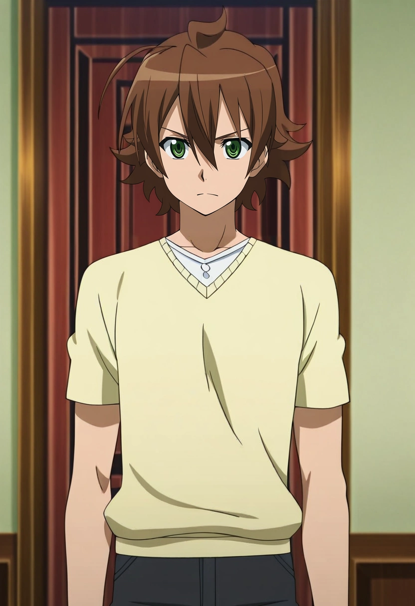 masterpiece, best quality, anime screencap, official style, anime coloring, cowboy shot, 1boy, solo, male focus, <lora:tatsumi_akame_ga_kill_ilxl:0.9>, tatsumi_akame_ga_kill, brown hair, green eyes, short hair, hair between eyes, ahoge, ,