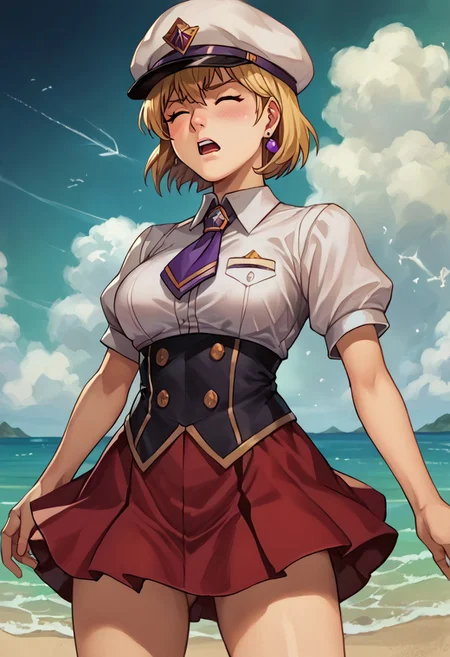 score_9, score_8_up, score_7_up, source_anime,
, (best quality) , (highly detailed) ,masterpiece ,absurdres ,detailed face ,beautiful face ,
<lora:pony_xl_Hildegard:0.8>,Hildegard,score_9,score_8_up,1girl,female,kawaii,solo,short hair,earrings blond hair
black scrunchie,black cap with ball on end, dress with slit on left side up to hip,large bow on lower back,short puffed sleeves,tight around torso,shows breast shape,white collar,mail coach tie,black boots below knees,dark purple jewel on tie, outdoors,beach,soft clouds drifting,summer, vignetting,blurry background, torn clothes,facing aside,closed eyes,frown,open mouth,teeth,blush,pained look, full body,left foot out of frame,being attacked,(lower half of breasts exposed:1.1),tattered fabric particles debris disintegration effect,injury, upper body
best quality, masterpiece, very aesthetic, ,,(portrait, upper body),
OverallDetail