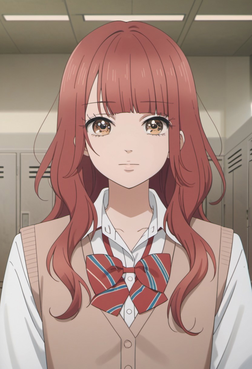 score_9, score_8_up, score_7_up, source_anime, kanno serina, red hair, long hair, brown eyes, 1girl, solo, locker, school uniform, bow, looking at viewer, shirt, indoors, upper body, bowtie, white shirt, vest, collared shirt, blunt bangs