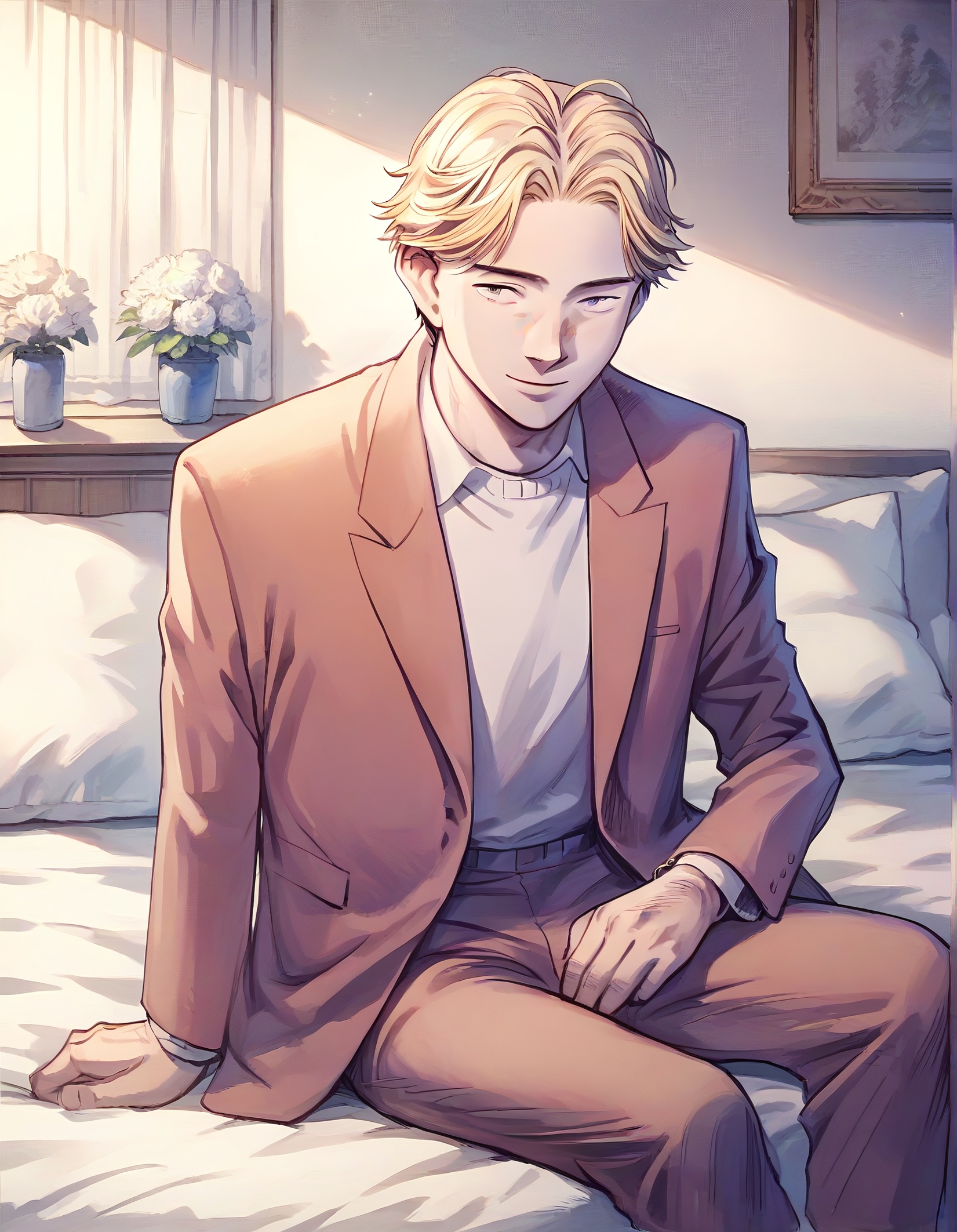 score_9, score_8_up, score_7_up,score_6_up,high resolution,source_anime,n4a0kistyle,1boy,johan,blonde hair,short hair,solo,jacket,suit,sweater,in a bedroom,sitting,masterpiece,slight smile