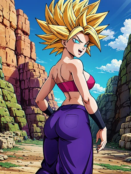 masterpiece,best quality,extreme detail,8k,looking back, ass focus, sano-br style, cowboy shot, caulifla, blonde hair, spiked hair, aqua eyes, collarbone, tube top, baggy pants, kick, cleavage, outdoors, rocks
<lora:Caulifla:0.7> <lora:sano-br:0.5>