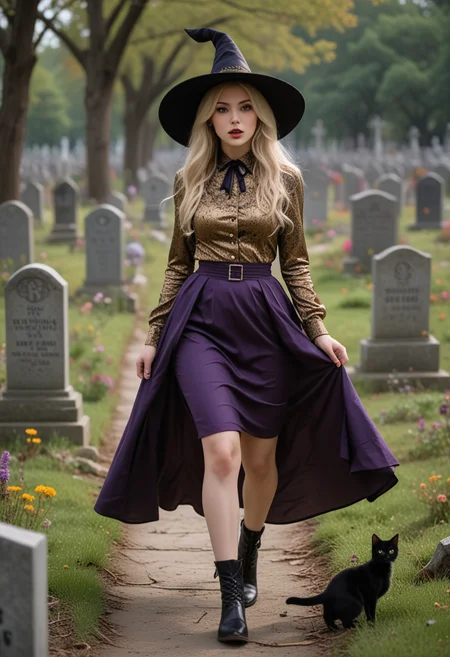 (medium full shot) of man, (Alluring witch) young woman, korean, dark brown eyes, pale skin, tan skin, light brown eyes, petite build, blonde hair, wearing gold purple silk shirt, long flowing skirt, wide-brimmed witch hat with veil, patterned stockings, ankle boots, black cat familiar, set in graveyard, Tombstone Rows, Neatly arranged headstones in rows, moss-covered and weather-worn, wildflowers peeking through the cracks, withered trees looming overhead, and the scent of earth and decay lingering in the air , at night, woman surprised, open mouth, running toward the viewer, Masterpiece,best quality, photo, realistic, very aesthetic, detailed face,