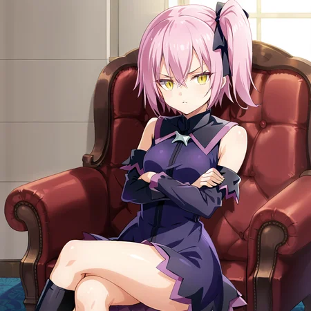 1girl, solo, ultima, slit pupils, pink hair, purple hair, short hair, side ponytail, yellow eyes, bangs, hair between eyes, breasts, small breasts, purple dress, detatched sleeves, hair ribbon, black footwear, socks, hips, thighs, looking at viewer, crossed arms, crossed legs, (pout:1.1), pouty lips,
<lora:Ultima:0.8>
