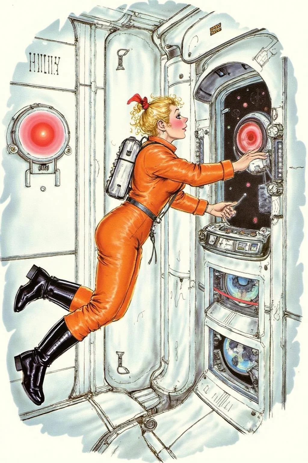 d0sn Illustration. Overhead sideview of a blonde woman dressed in a orange spacesuit and heavy boots, is carefully re-enacting the iconic scene from 2001: A Space Odyssey where David Bowman deactivates HAL 9000. Floating weightless on one side of a vast empty spacecraft, she methodically removes the components of the HAL 9000 interface, one piece at a time. The setting is tense and sterile, with bright lighting reflecting off the white sterile surfaces, capturing the eerie, unsettling atmosphere of the original scene. The red glow of HAL's eye slowly fades as the scene unfolds, highlighting the dramatic tension between human and machine <lora:d0sn_illus1_fl_d6a3:1.0><lora:803605758802482258:0>