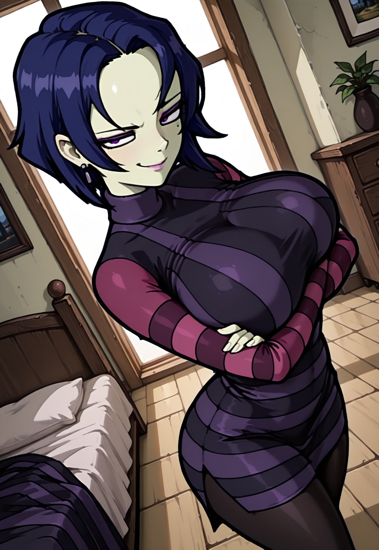 masterpiece, high quality, dynamic angle, 1girl, takhinvz, blue hair, solo, makeup, pale skin, purple eyes, mole under eye, striped dress, striped sleeves, turtleneck, black leggings, big breasts, small earring, arms crossed, smirking, looking at viewer, bedroom, detailed scenery