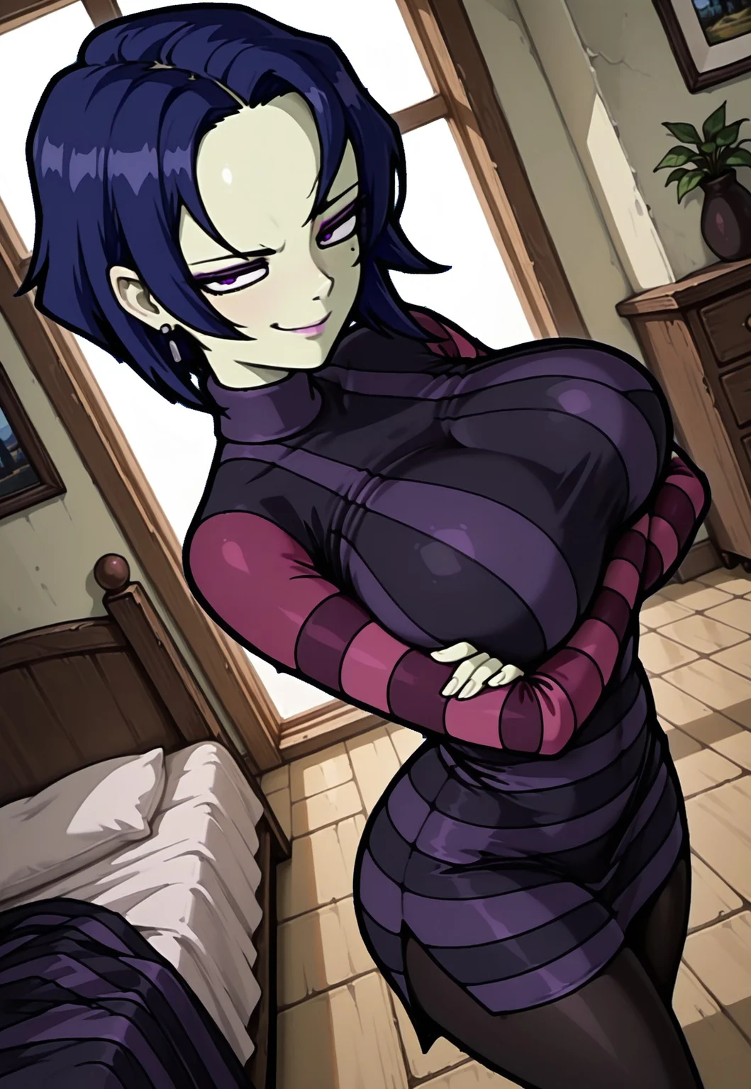 masterpiece, high quality, dynamic angle, 1girl, takhinvz, blue hair, solo, makeup, pale skin, purple eyes, mole under eye, striped dress, striped sleeves, turtleneck, black leggings, big breasts, small earring, arms crossed, smirking, looking at viewer, bedroom, detailed scenery