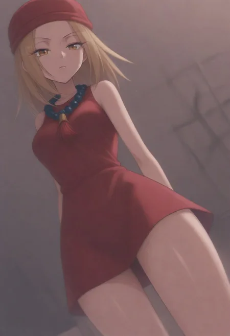 masterpiece, best quality, amazing quality,,, shiny skin,,,,,kojiann, short hair, blonde hair, brown eyes, short dress, sleeveless, bead necklace, red bandana, bracelet, <lora:Anna IXL 2-000013:1>