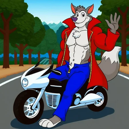 chip the wolf, bara, red coat, unbuttoned coat, red coat, bare chested, chest muscles, yellow zipper, blue jeans, barefoot, muscular, thick arm muscles, clear blue skies, trees, rocky moutain road, visable chest hair, waving at viewer, riding a motor bike, long tail, bushy wolf tail
