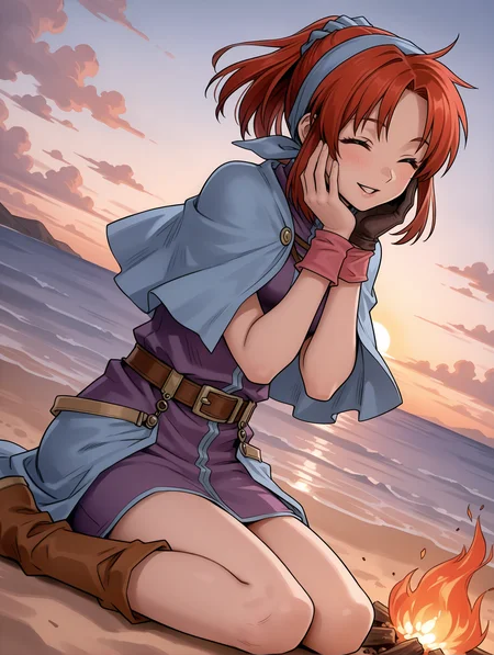 masterpiece,best quality,newest,
solo,1girl,
<lora:chris_ilxl_v1.1:1>,chris,red hair,c_clothes,single glove,
<lora:Fixhands_anime_bdsqlsz_V1:1>,cinematic_angle,dynamic_angle,dutch angle,ocean,sandy beach,from_side,light_blush,bonfire,morning sun,sunrise,wariza,hands on own cheeks,parted lips,closed eyes,;d,:d,portrait,