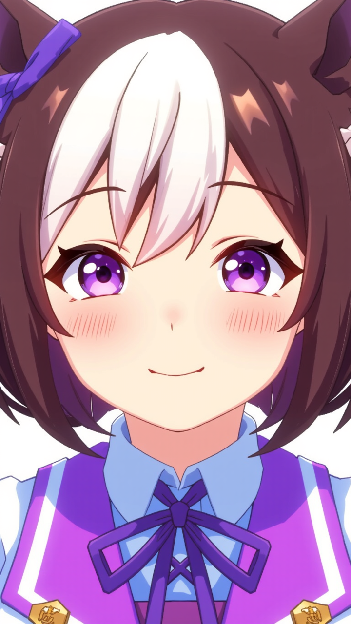 specialweek, close up portrait, straight-on, 1girl, purple eyes, short hair, streaked bang, smile, purple ribbon,
