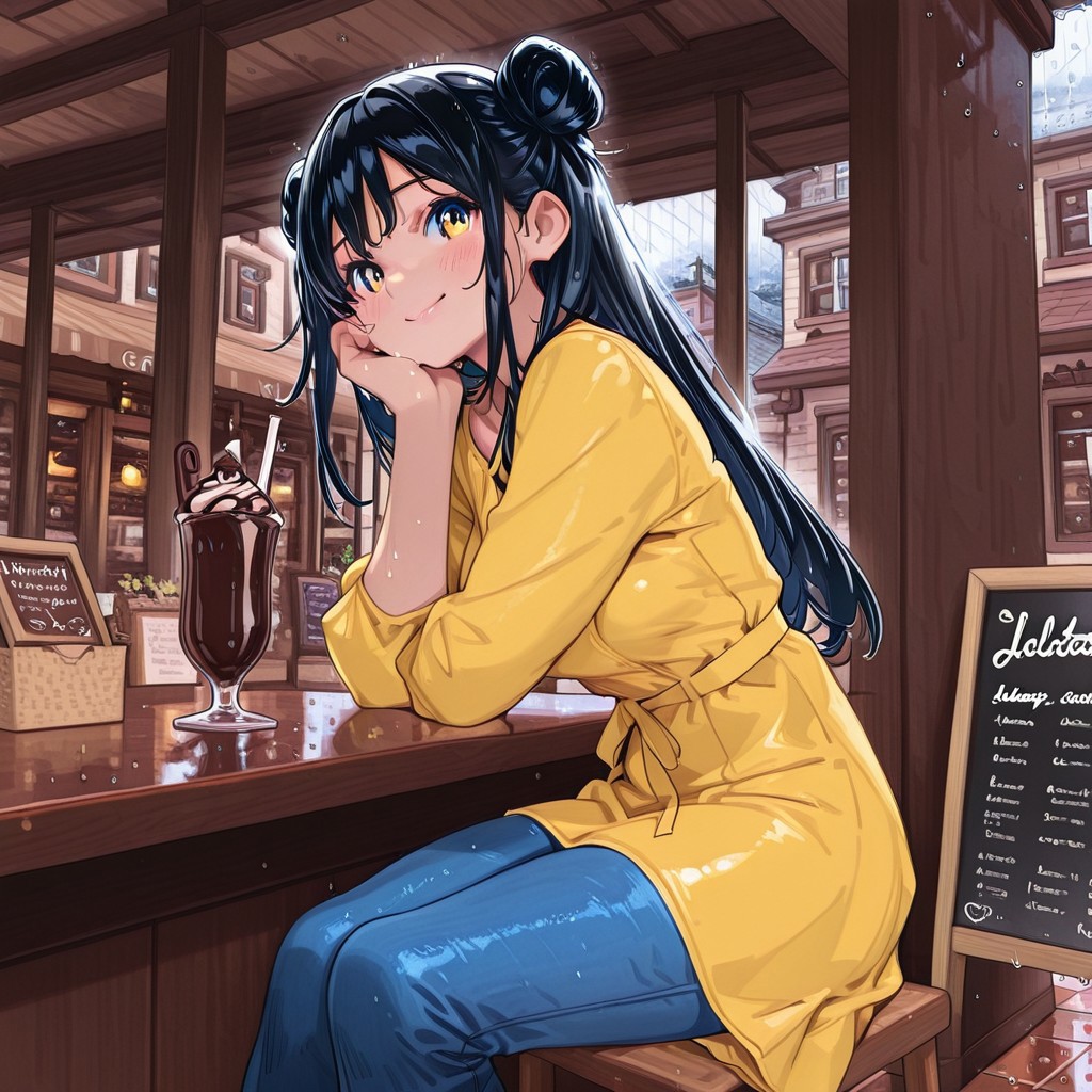 highres, ultra-detailed, illustration, colourful, masterpiece, 8k, soft lighting, (1girl, black hair, double buns, yellow dress, blue denim pants) , sitting , happy , drinking straw , looking at viewer , cute face , cafe , chocolate milkshake , rainy day