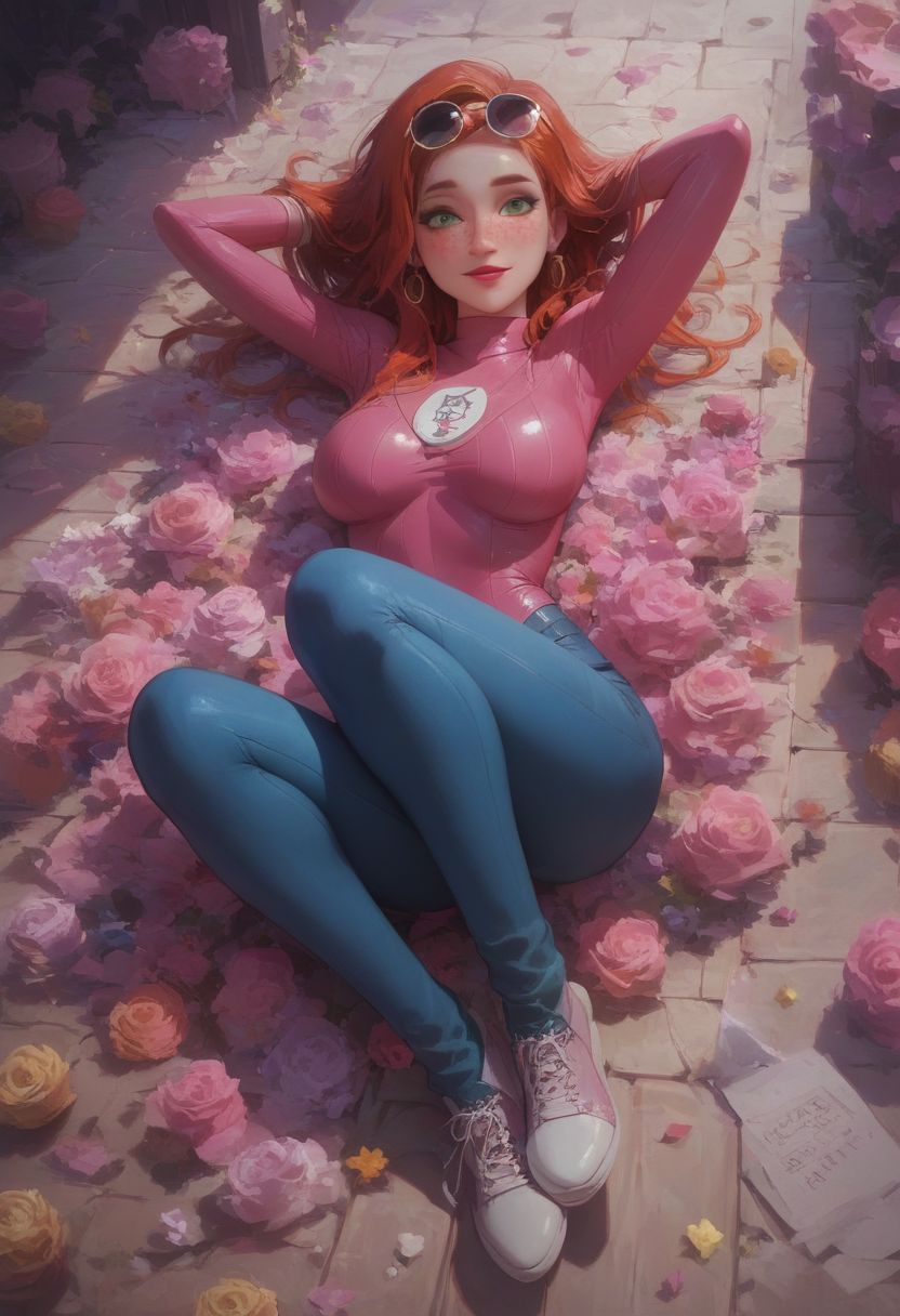 score_9, score_8_up, score_8, score_9, solo,1girl, 18 year old undressing, score_9, score_8_up, score_8_up, sexy Atom Eve, green eyes, sexy, Redhead, highly detailed face, (small hips), blush, kawaii, freckles, skintight jeans, round breast, Big breasts, pink outfit, neckline, hands behind head, source comic book, high res image, masterpiece, eyeliner, mascara, highleg socks, hair accessories, detailed background, street, detailed eyes, lipstick, red lipstick, white shoes, golden bracelets, golden earrings, sunglasses on head,,} showing lots of skin, very little clothes, submissive look on face, happy look, very sexy, very cute, long legs,shiny skin,  eye contact, sexy smile,