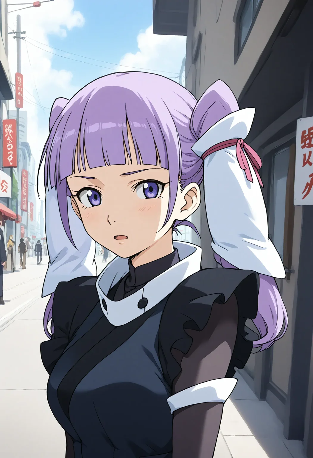 <lora:Hyper-SDXL-8steps-lora:1> <lora:Fixhands_anime_bdsqlsz_V1:1> zPDXL2, score_9, score_8_up, score_7_up, source_anime, intricate details, perfect anatomy BREAK
outdoors, city, tokyo, japan, audience, crowd, close-up, portrait,face focus, Fearful, Wide-open eyes, a furrowed brow, and a slightly open mouth., 1girl, solo, solo focus, 
<lora:GAGE-fram_nara_XL(pony)v10:1> GAGE-fram, purple hair, twintails, hair ornament, purple eyes, GAGE-fram outfit, black dress, white wrist cuffs, black gloves, black skirt, white pantyhose, black legwear, white shoes,