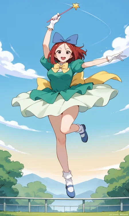 (1girl:1.5), (solo:1.3), (score_9, score_8_up, score_7_up, score_6_up, score_5_up, score_4_up), (source_anime), rating_questionable, looking at viewer, (full body:1.3), outdoors, blue sky, floating, school,
(shiwasu-mari), (black eyes, red hair, medium hair, parted bangs, parody hair), (large breasts), (smile, happy, open mouth, wide mouth), <lora:magical-mari-late_v1:0.8> (blue big hair bow, green dress, princess tutu, puffy short sleeves, yellow bowtie, white gloves, white bobby socks, blue footwear, mary janes), (holding wand), arms up,
