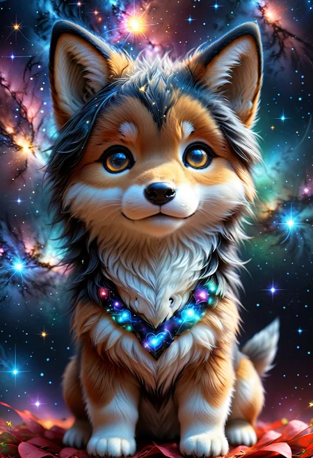 (((videogame_style))), (sharp focus:1.2), lineart, flat color, monochrome, greyscale, depth of field, bokeh, 8k, OLED, 1 baby wulf, being playful, wearing ribbon choker in different colours, different fur, super cute,, The wulf raises its paws towards the viewer, in the galaxy, space wulf flying in the stars,lluminated by the ethereal glow of cosmic lightning, the light is reflecting shadows on the cute animal, for the viewer, it appears alive, as if a glimpse of its inner sparkle is possible, star sky, peacful and grateful atmosphere, painted hearts, magical atmosphere, close up, (((cuteness overload))), <lora:detailed_notrigger:0.9>, zhibi <lora:zhibi:0.8>, <lora:tweak-detail-xl:0.7> <lora:Jed-Cosmos-sdxl:0.7> Jed-Cosmos