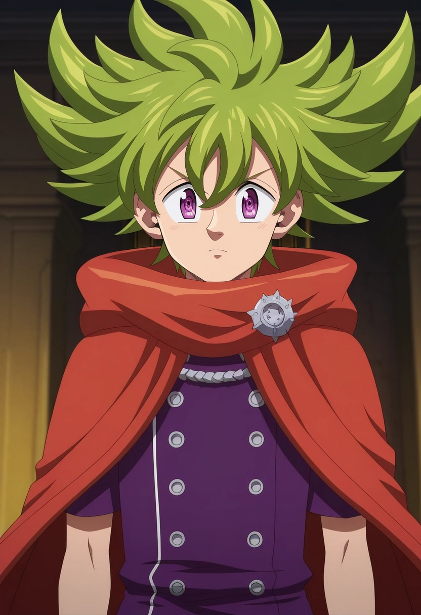 masterpiece, best quality, intricate details, anime screencap, anime coloring, official style, looking at viewer, 1boy, solo, male focus, <lora:percival_nnt_mny_ilxl:0.9>, percival_nnt_mny, green hair, purple eyes, spiked hair, hair between eyes, bangs, ,