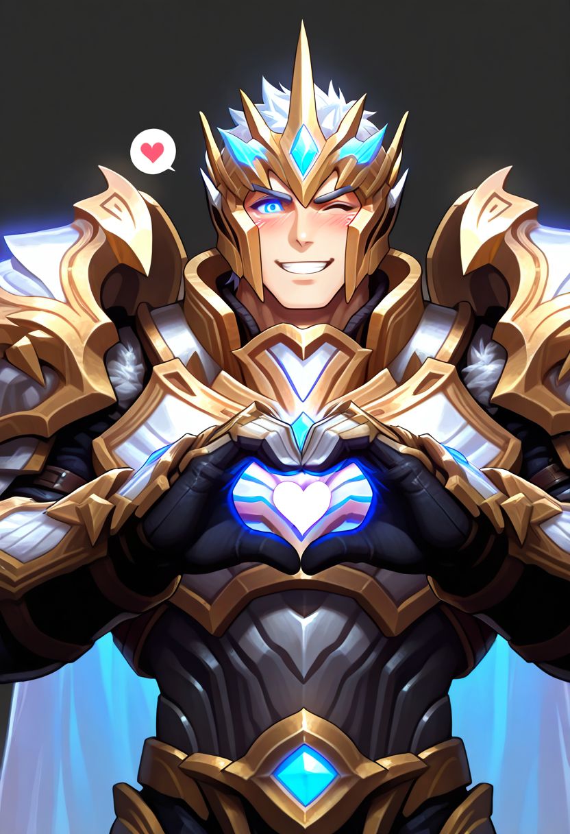 1boy,blue eyes,glowing eyes,muscular male,mature male,bara,upper body,  BREAK
(masterpiece, best quality, high quality, absurdres, high detail),(1boy,solo,mature male) BREAK
smile,one eye closed,looking at viewer,heart hands,spoken heart,blush,
simple background,
god-king_garen,god-king armor,god-king helmet,shoulder armor,gauntlets,transparent cape,armor,cape,helmet,
<lora:hand 5.5:1>,<lora:add-detail-xl:1>,<lora:4k:1>,<lora:god-king__garen:0.8>,<lora:sn0w:1>,, <lora:Expressive:0.8>,