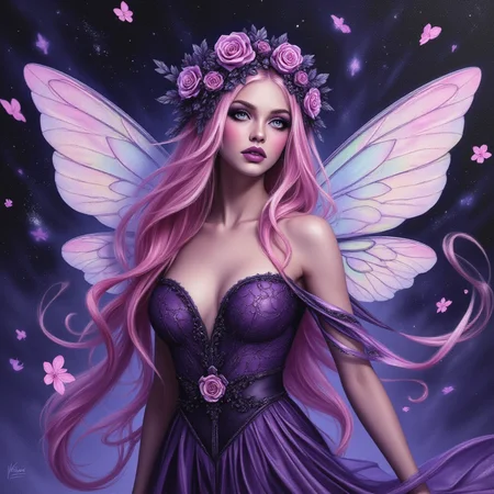 oil painting portrait in the style of Alex Ross, a boujee fairy, with large iridescent wings, with long, wavy pink and silver hair cascading down her shoulders. gorgeous eyes, with dark, dramatic purple eyeshadow and long, thick lashes. Her lips are painted a deep purple, She wears a purple spring dress with intricate patterns and a dark veil adorned with delicate purple and pink flowers. blossoms fall gently in the background, creating a mystical and ethereal atmosphere. starry bg <lora:Detailer2K:0.40> <lora:Dever_Flux_Enhancer:0.50> <lora:Midjourney_-_SemiReal_Dreams_FLUX_LoRA:0.45> <lora:rendered_face_test:0.45> <lora:TEST_1:0.50> <lora:OBååå®èåç»V2.0 semi realistic colored pencil potrait:0.55> <lora:alex_ross_style_flux_v2e:0.65> <lora:Flux.Daddario:0.45> <lora:JessicaAlbaV1:0.45>